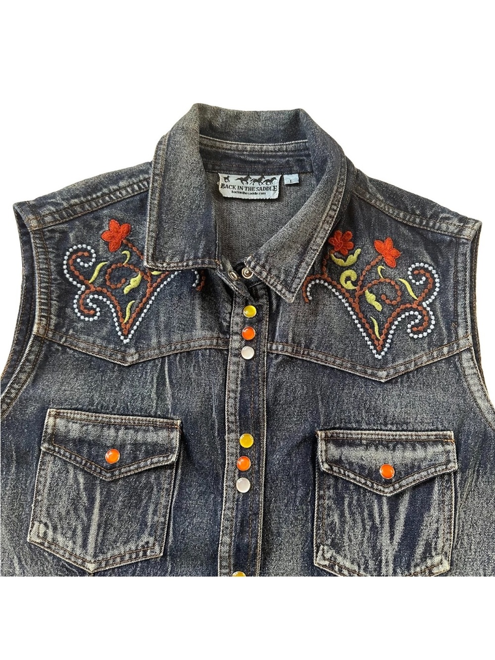 VTG Embroidered Denim Jean Vest Women’s L  Back In The Saddle Western Snap Boho